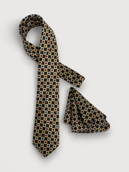 Beige & Espresso Geometric Silk Necktie & Pocket Square Gift Set