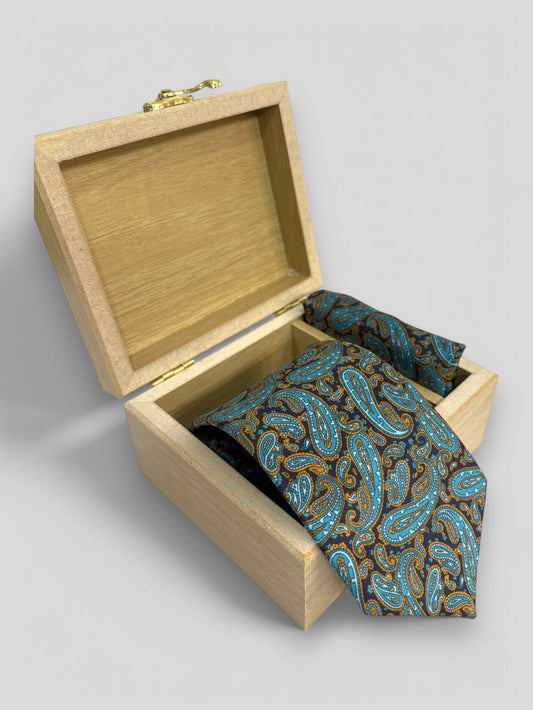 Turquoise & Amber Paisley Silk Necktie & Pocket Square Gift Set