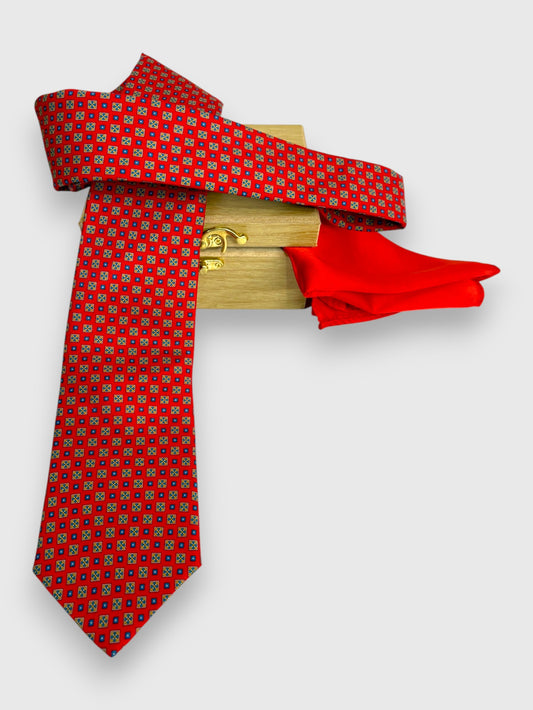 Bright Red Geometric Silk Necktie & Pocket Square Gift Set