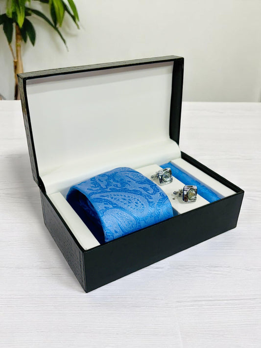 Blue Paisley Microfiber Tie, Pocket Square & Cufflinks Set