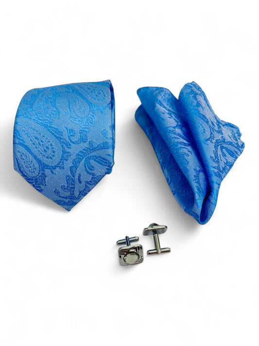 Blue Paisley Microfiber Tie, Pocket Square & Cufflinks Set