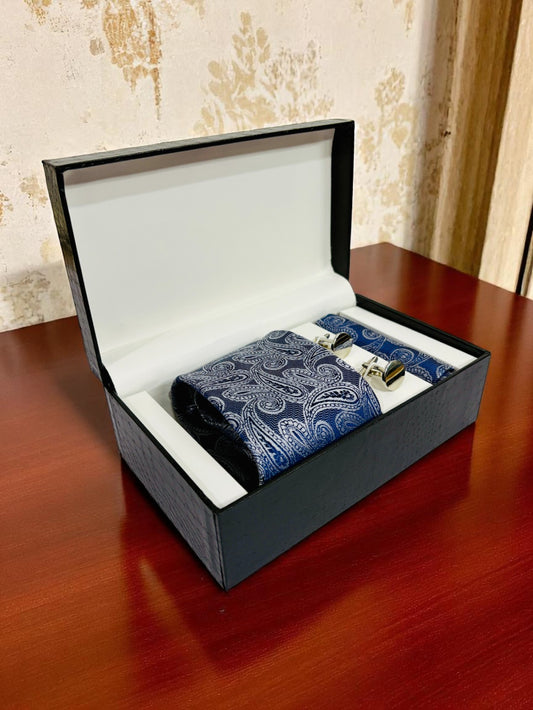 Indigo Paisley Microfiber Tie, Pocket Square & Cufflinks Set