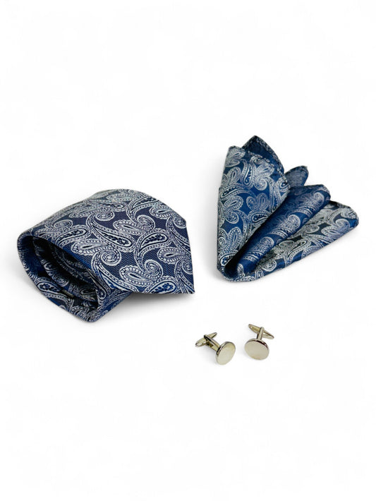 Indigo Paisley Microfiber Tie, Pocket Square & Cufflinks Set