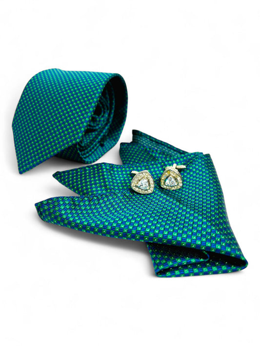 Green Geometric Microfiber Tie, Pocket Square & Cufflinks Set