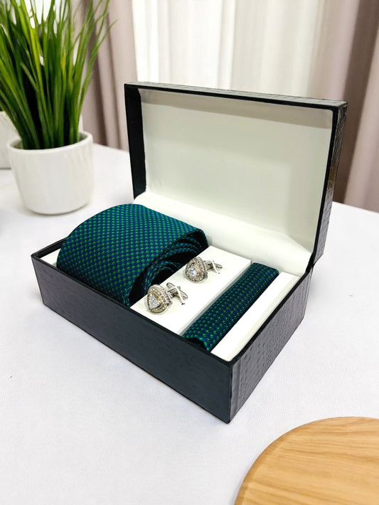 Green Geometric Microfiber Tie, Pocket Square & Cufflinks Set