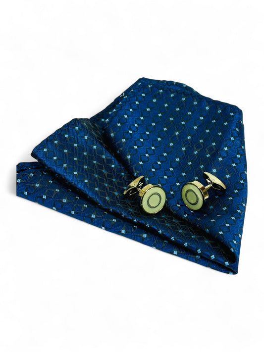 Blue Geometric Microfiber Tie, Pocket Square & Cufflinks Set