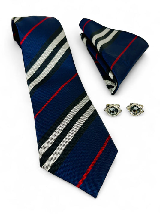 Navy Striped Microfiber Tie, Pocket Square & Cufflinks Set