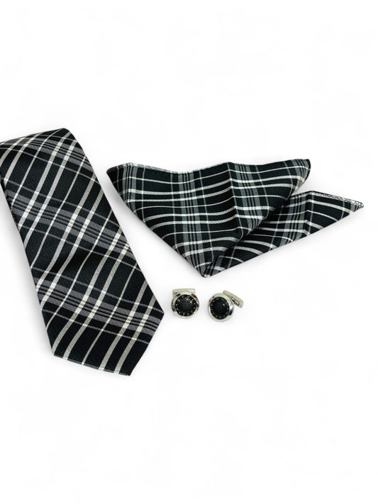 Charcoal Checked Microfiber Tie, Pocket Square & Cufflinks Set