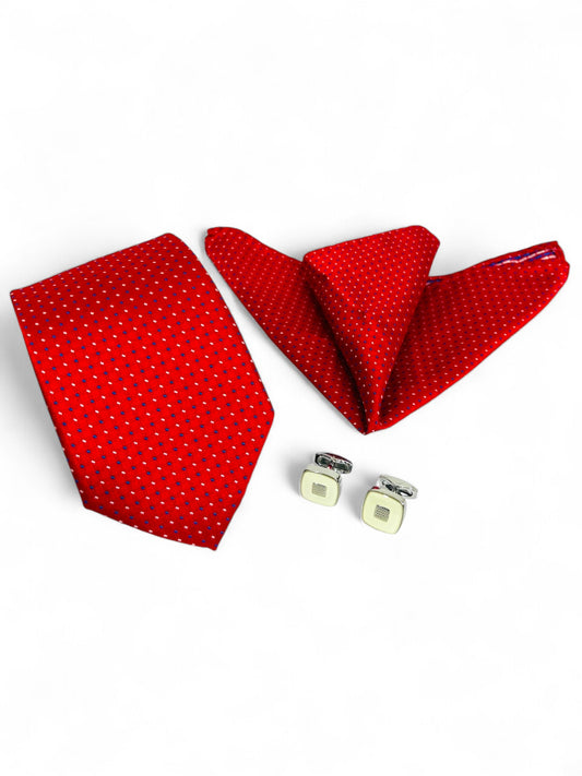 Red Geometric Microfiber Tie, Pocket Square & Cufflinks Set