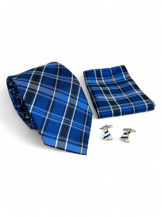 Blue Checked Microfiber Tie, Pocket Square & Cufflinks Set