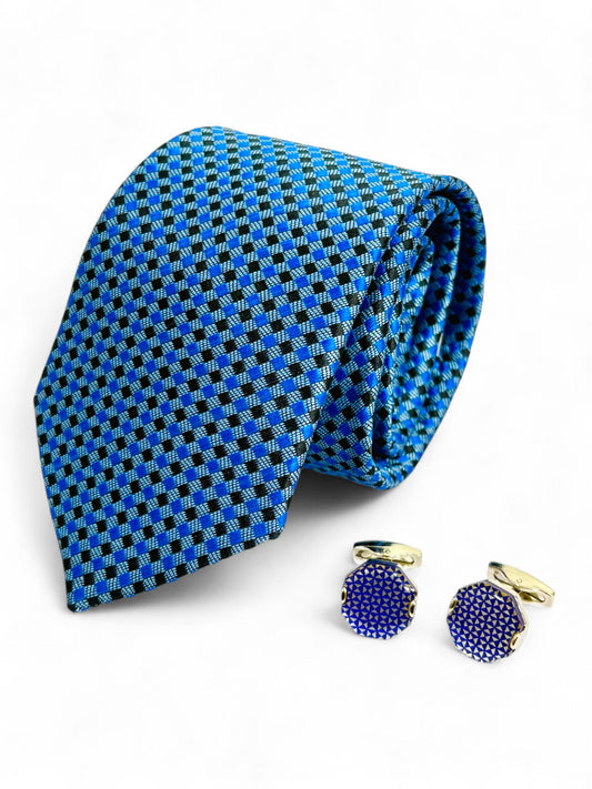 Blue Geometric Microfiber Tie, Pocket Square & Cufflinks Set
