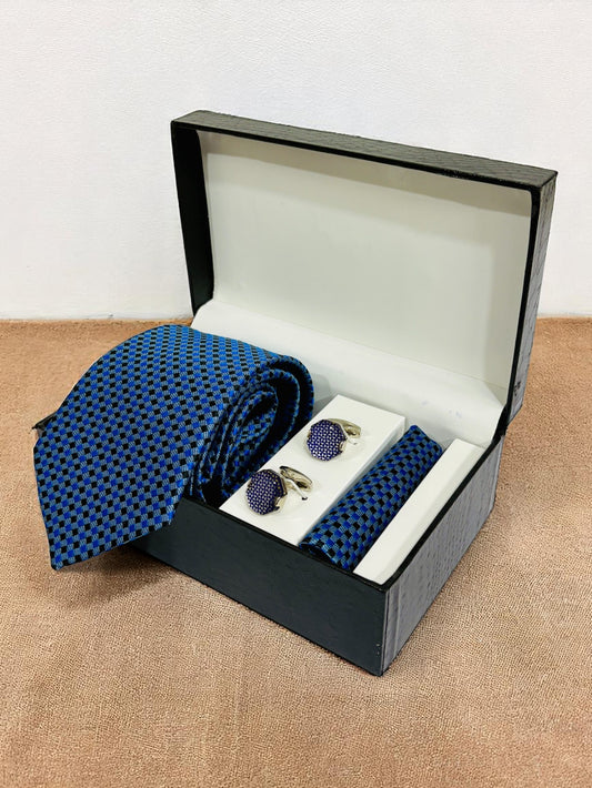 Blue Geometric Microfiber Tie, Pocket Square & Cufflinks Set