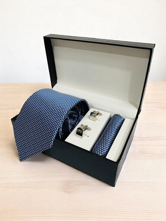 Blue Geometric Microfiber Tie, Pocket Square & Cufflinks Set