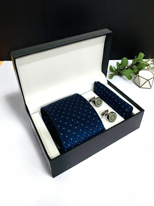 Blue Geometric Microfiber Tie, Pocket Square & Cufflinks Set