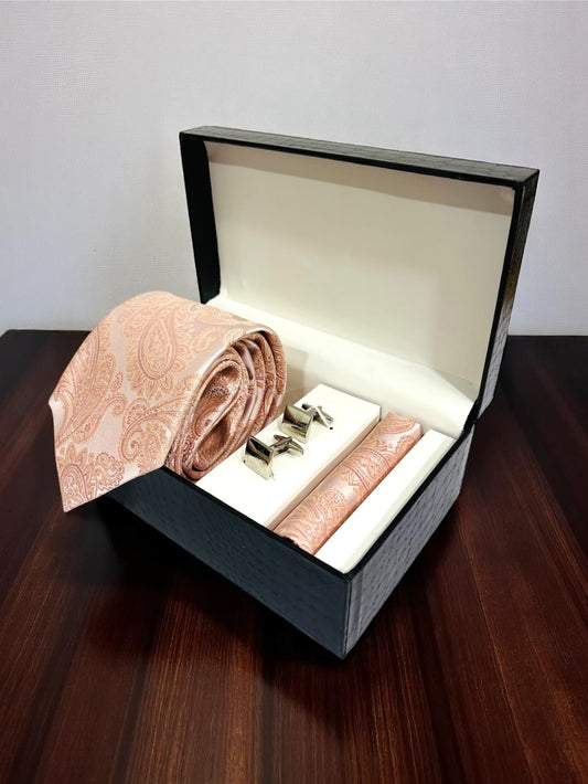 Peach Paisley Microfiber Tie, Pocket Square & Cufflinks Set