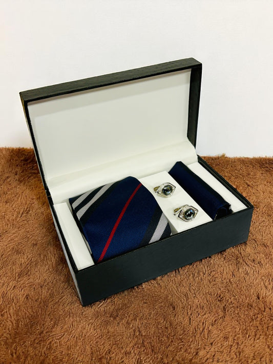 Navy Striped Microfiber Tie, Pocket Square & Cufflinks Set
