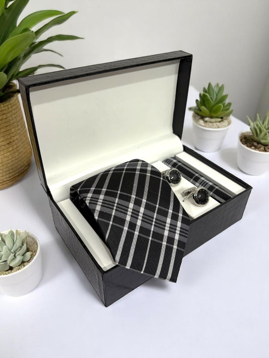 Charcoal Checked Microfiber Tie, Pocket Square & Cufflinks Set