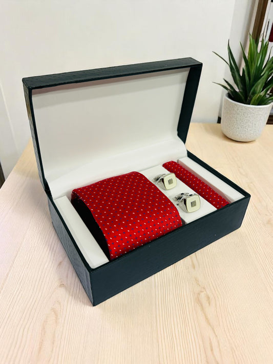 Red Geometric Microfiber Tie, Pocket Square & Cufflinks Set