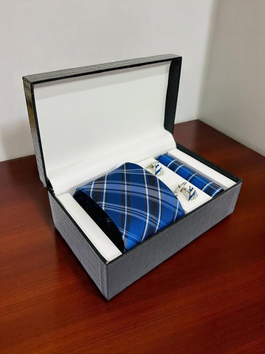 Blue Checked Microfiber Tie, Pocket Square & Cufflinks Set