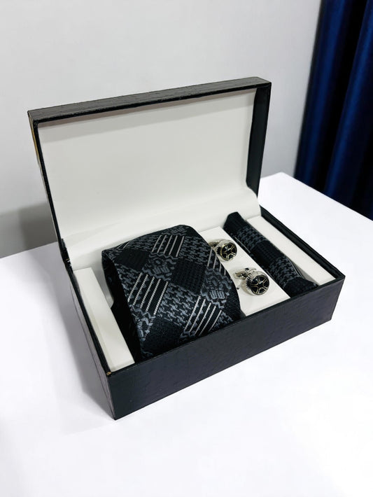 Black Geometric Microfiber Tie, Pocket Square & Cufflinks Set