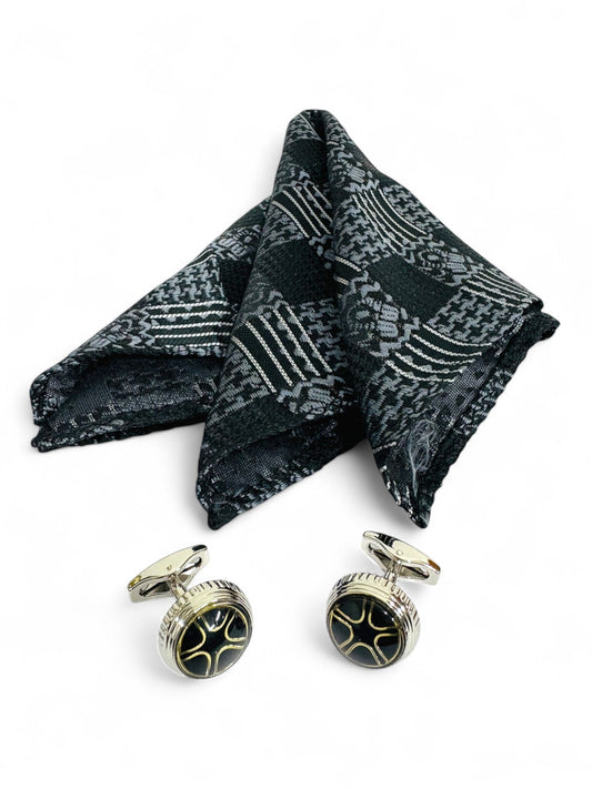 Black Geometric Microfiber Tie, Pocket Square & Cufflinks Set