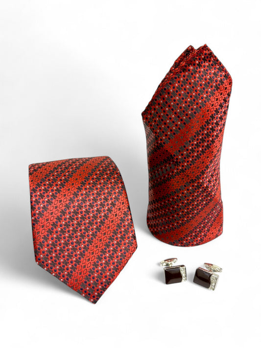 Copper Geometric Microfiber Tie, Pocket Square & Cufflinks Set