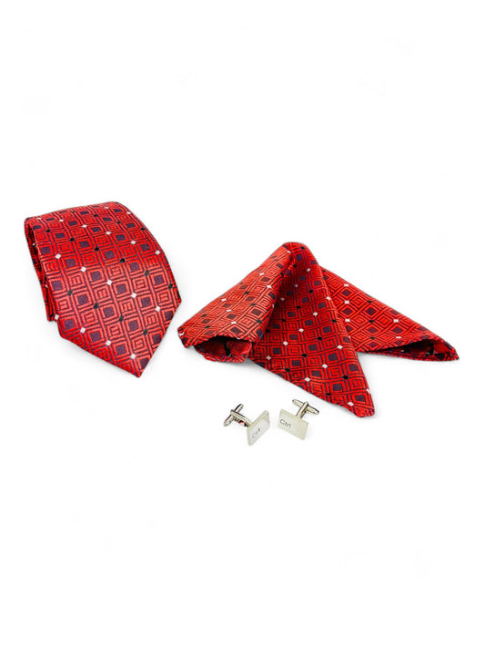 Red Geometric Microfiber Tie, Pocket Square & Cufflinks Set