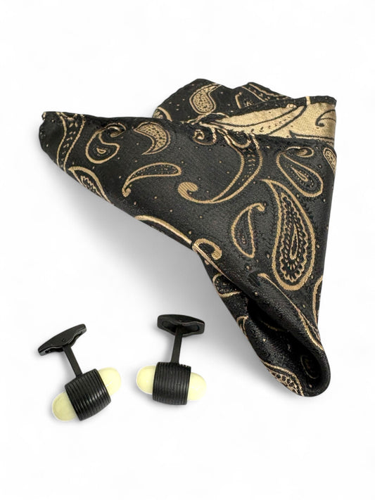 Black Paisley Microfiber Tie, Pocket Square & Cufflinks Set