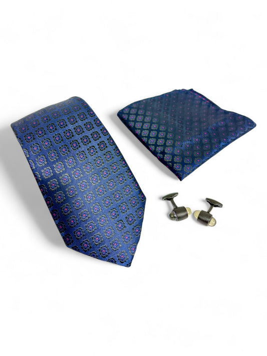 Navy Geometric Microfiber Tie, Pocket Square & Cufflinks Set