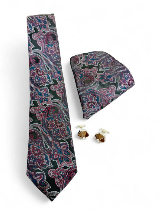 Charcoal Paisley Microfiber Tie, Pocket Square & Cufflinks Set