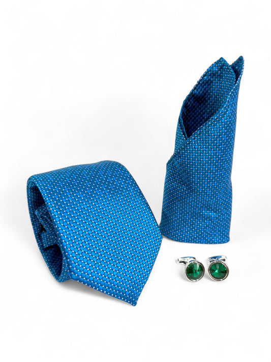 Blue Geometric Microfiber Tie, Pocket Square & Cufflinks Set
