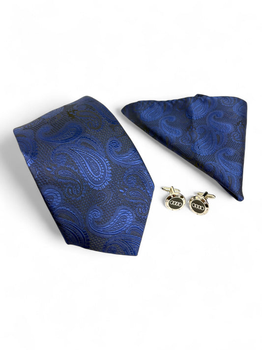 Blue Paisley Microfiber Tie, Pocket Square & Cufflinks Set