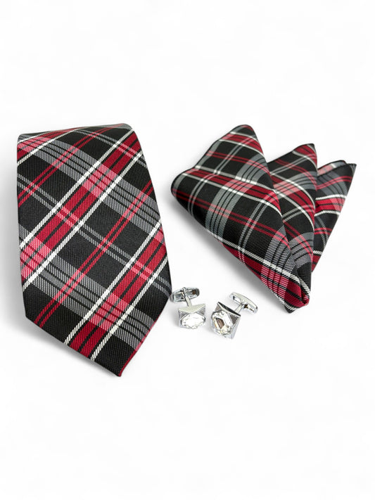 Red Checked Microfiber Tie, Pocket Square & Cufflinks Set