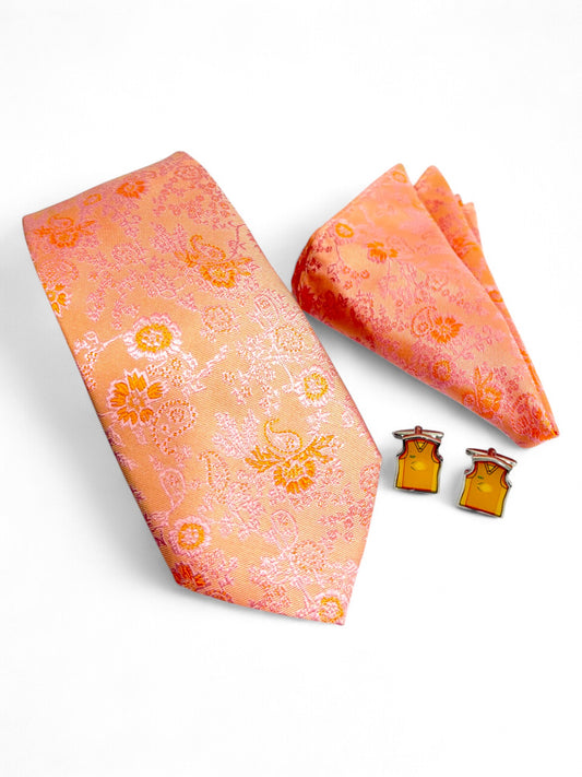 Peach Paisley Microfiber Tie, Pocket Square & Cufflinks Set