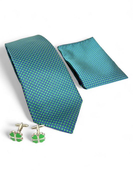 Green Geometric Microfiber Tie, Pocket Square & Cufflinks Set