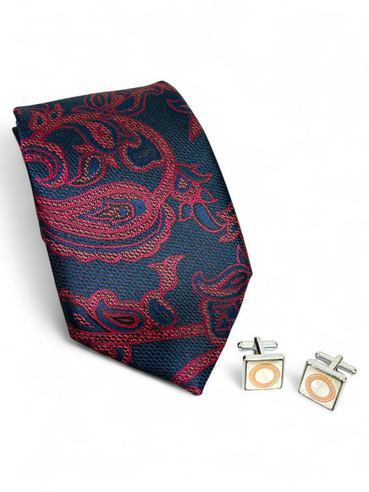 Navy Paisley Microfiber Tie, Pocket Square & Cufflinks Set