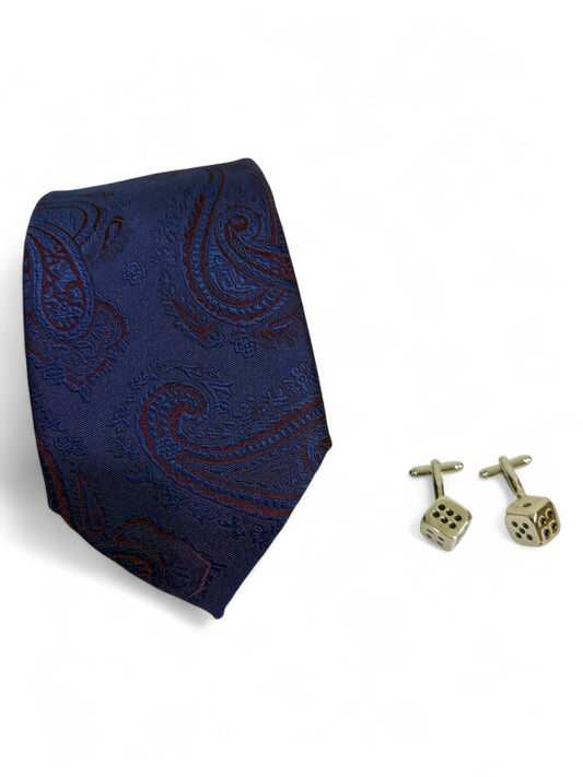 Navy Paisley Microfiber Tie, Pocket Square & Cufflinks Set