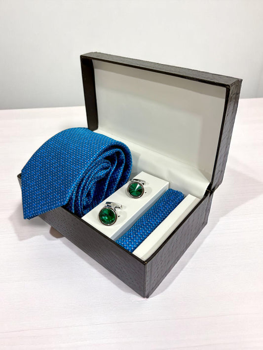 Blue Geometric Microfiber Tie, Pocket Square & Cufflinks Set