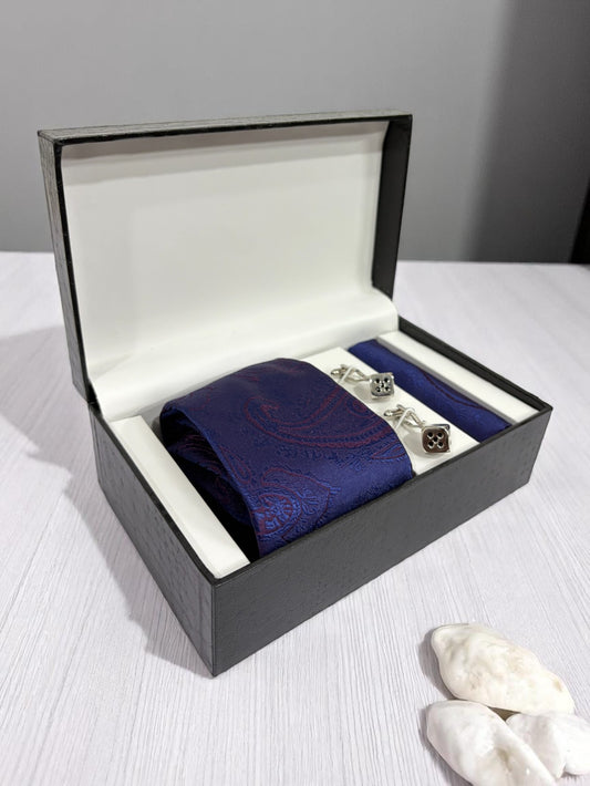Navy Paisley Microfiber Tie, Pocket Square & Cufflinks Set