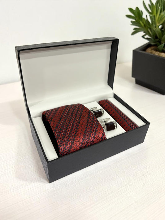 Copper Geometric Microfiber Tie, Pocket Square & Cufflinks Set