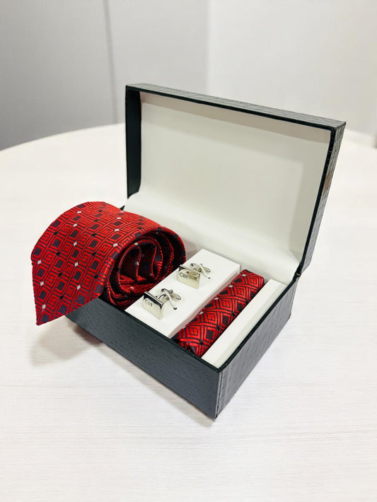 Red Geometric Microfiber Tie, Pocket Square & Cufflinks Set