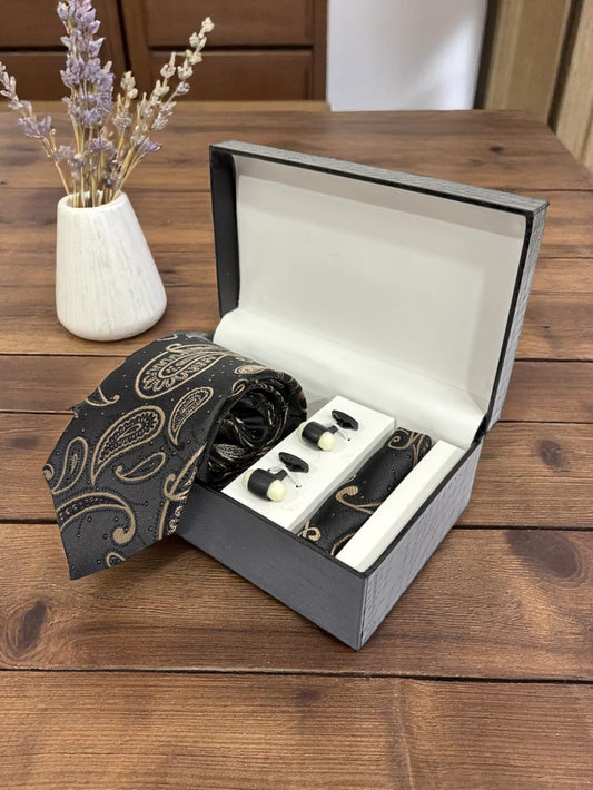Black Paisley Microfiber Tie, Pocket Square & Cufflinks Set
