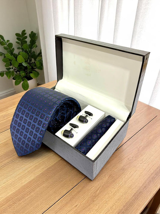 Navy Geometric Microfiber Tie, Pocket Square & Cufflinks Set
