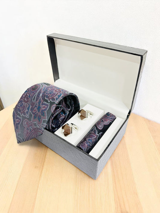 Charcoal Paisley Microfiber Tie, Pocket Square & Cufflinks Set