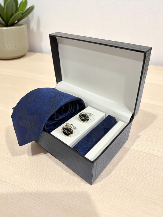 Blue Paisley Microfiber Tie, Pocket Square & Cufflinks Set