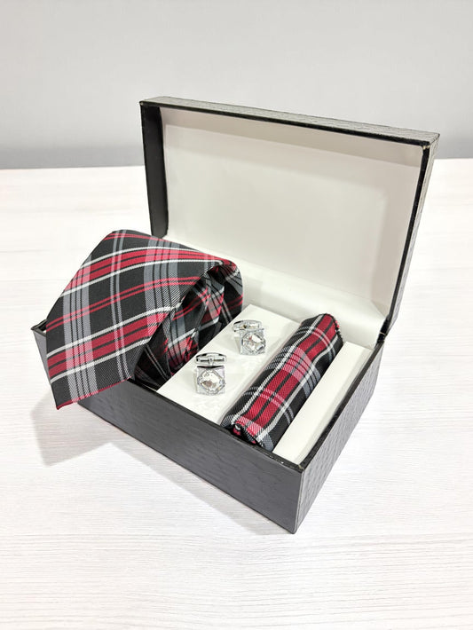 Red Checked Microfiber Tie, Pocket Square & Cufflinks Set