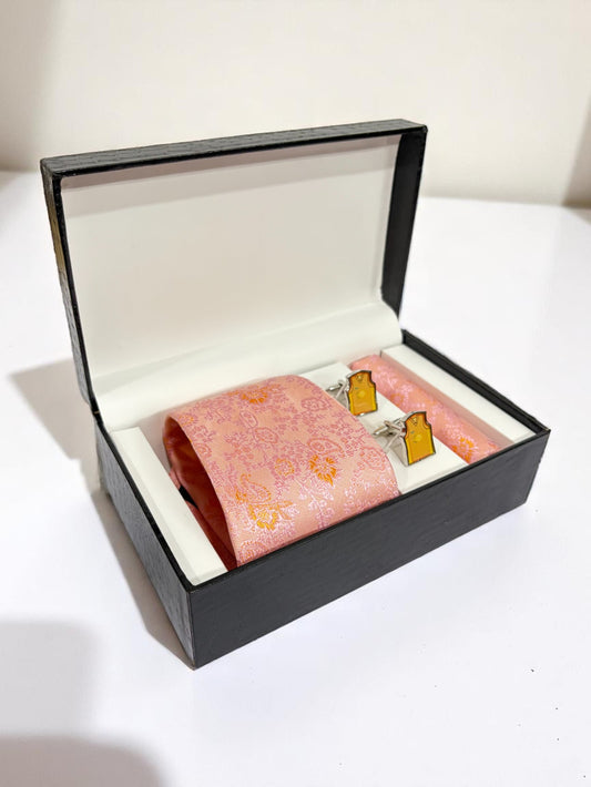 Peach Paisley Microfiber Tie, Pocket Square & Cufflinks Set