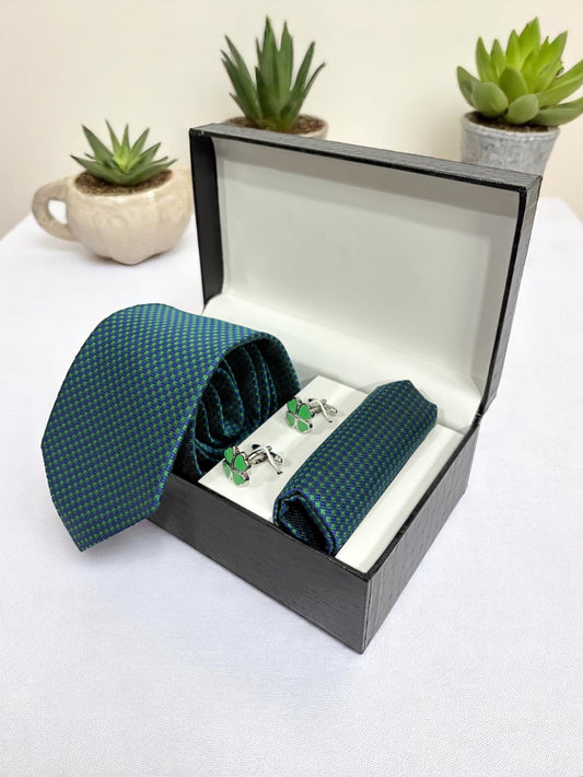 Green Geometric Microfiber Tie, Pocket Square & Cufflinks Set