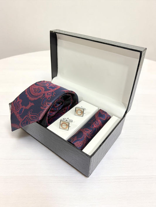 Navy Paisley Microfiber Tie, Pocket Square & Cufflinks Set