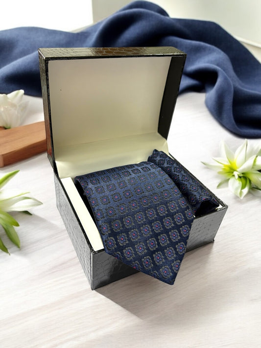 Navy Geometric Microfiber Necktie & Pocket Square Gift Set